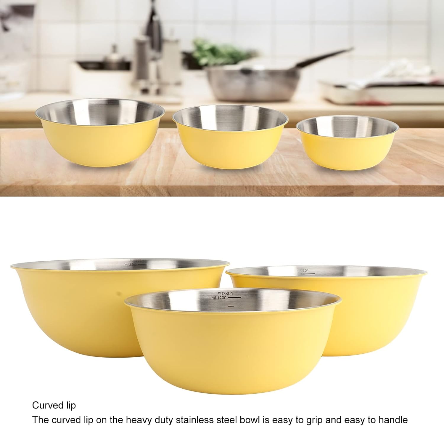 3Pcs Stainless Steel Mixing Bowl Set, Food Storage Organizers Mixing Bowl with Scale Nesting Bowls for Kitchen Salad Basin Baking Refrigerator Oven Safe Kitchen Mixing Bowls (Yellow)