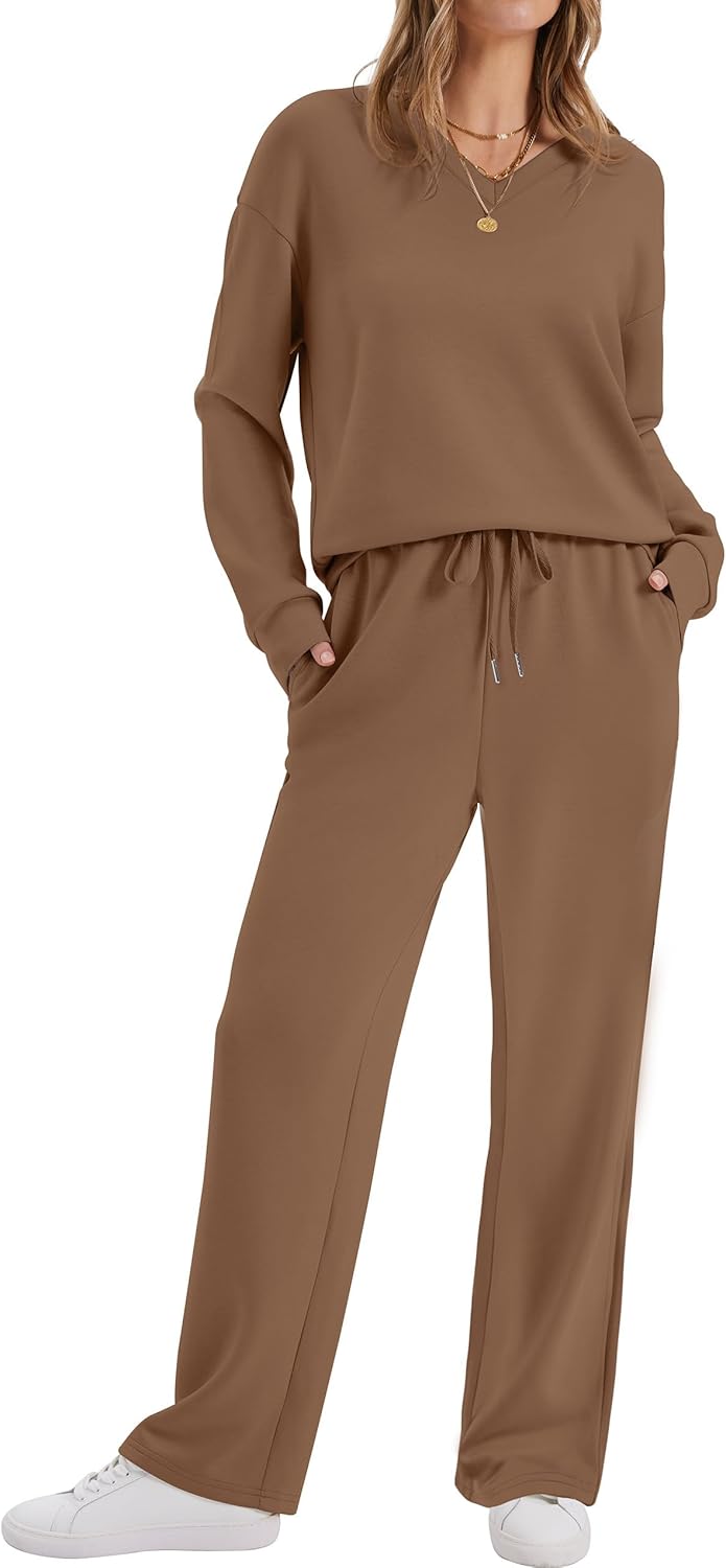 WIHOLL Lounge Sets for Women 2026 V Neck 2 Piece Outfits Airport Wide Leg Pants Matching Set Sweatsuits - Image 2