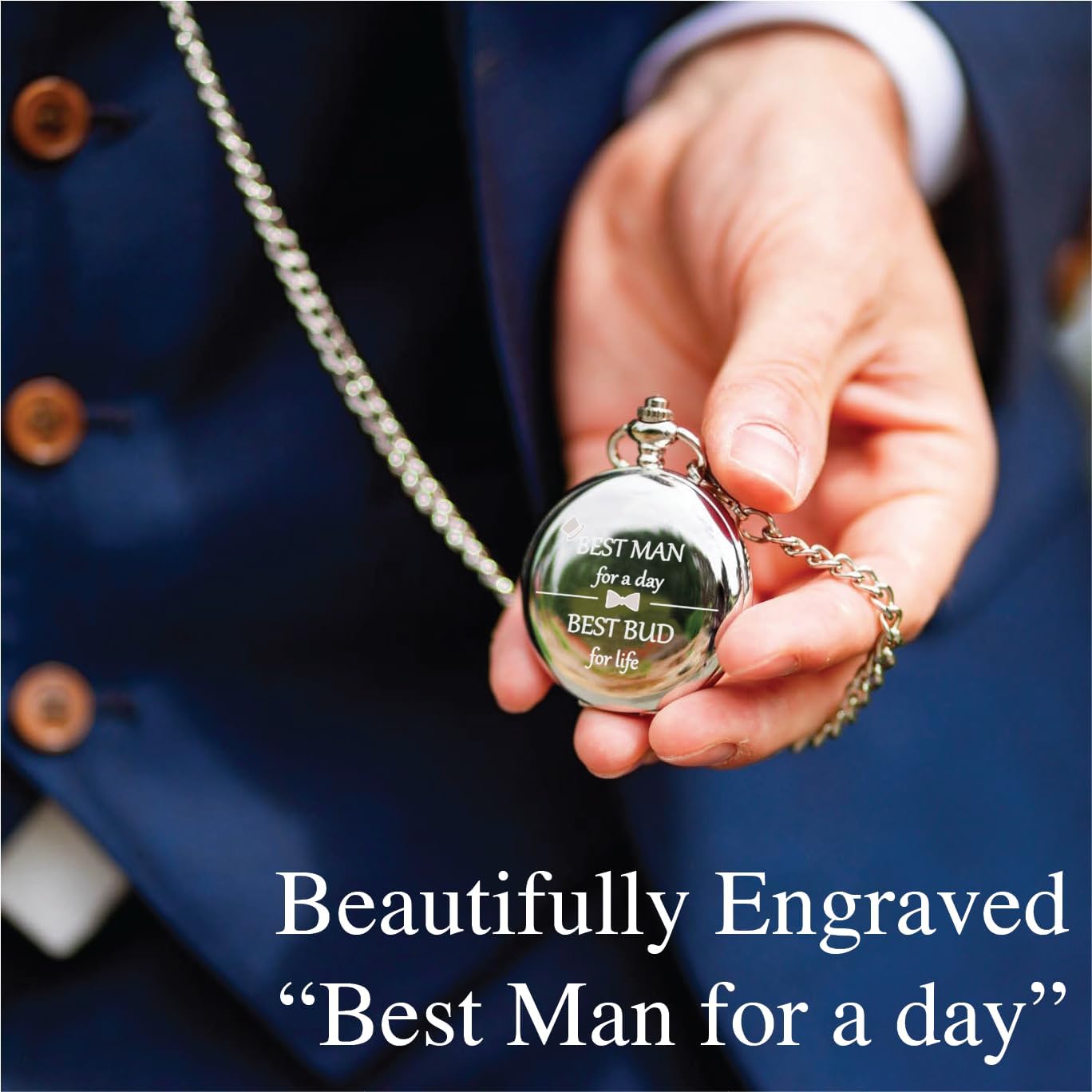 FJ FREDERICK JAMES - Best Man Gifts from Groom, Best Man Proposal Gift - Best Man for a Day Silver Pocket Watch I Best Man Gifts for Wedding I Will You Be My Best Man Gifts I Silver Etched