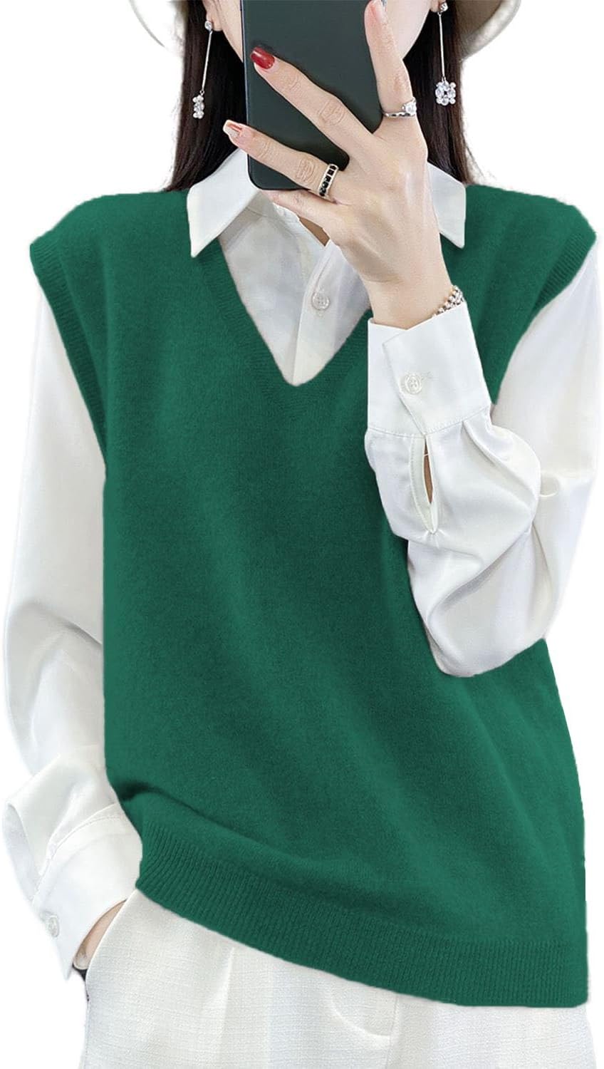 Women's V-Neck Knit Sweater Vest 100% Merino Wool Lightweight Sleeveless Pullover Basic Vest Short Tops