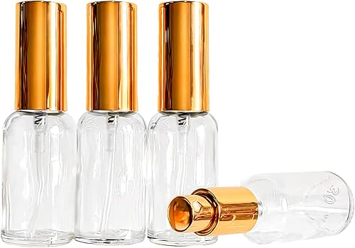 Miniatura 4 de Paquete de 12 botellas de vidrio transparente de 1 onza para aceites esenciales, botella de spray pequeña, aerosol de niebla fina, rociador dorado,