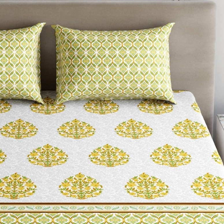 Image of Home Ecstasy 100% Cotton Double Bedsheet with 2 Pillow Covers - (Size 87 x 94 inches, 140 TC, Colour - Green)