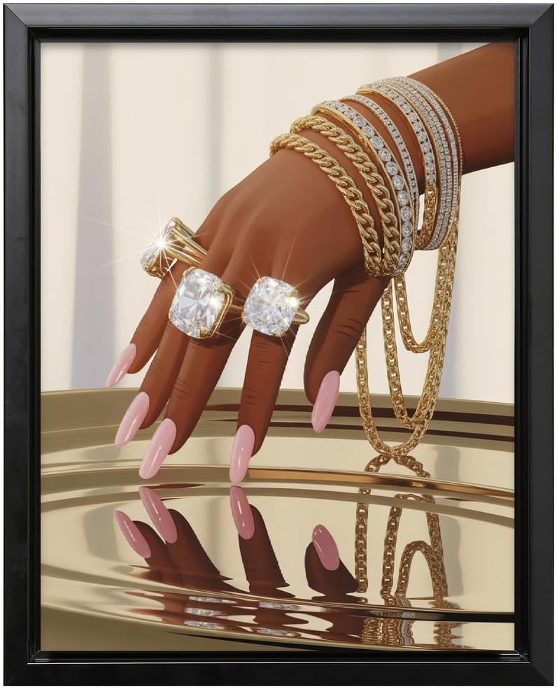 InkFlow Posters Luxury Gold Jewelry Canvas Poster - Rings and Bracelet Fashion Artwork - Glam Diamond Inspired Hand Design - Bedroom Closet Wall Decor - 24x32 Black Floated Frame Canvas Print