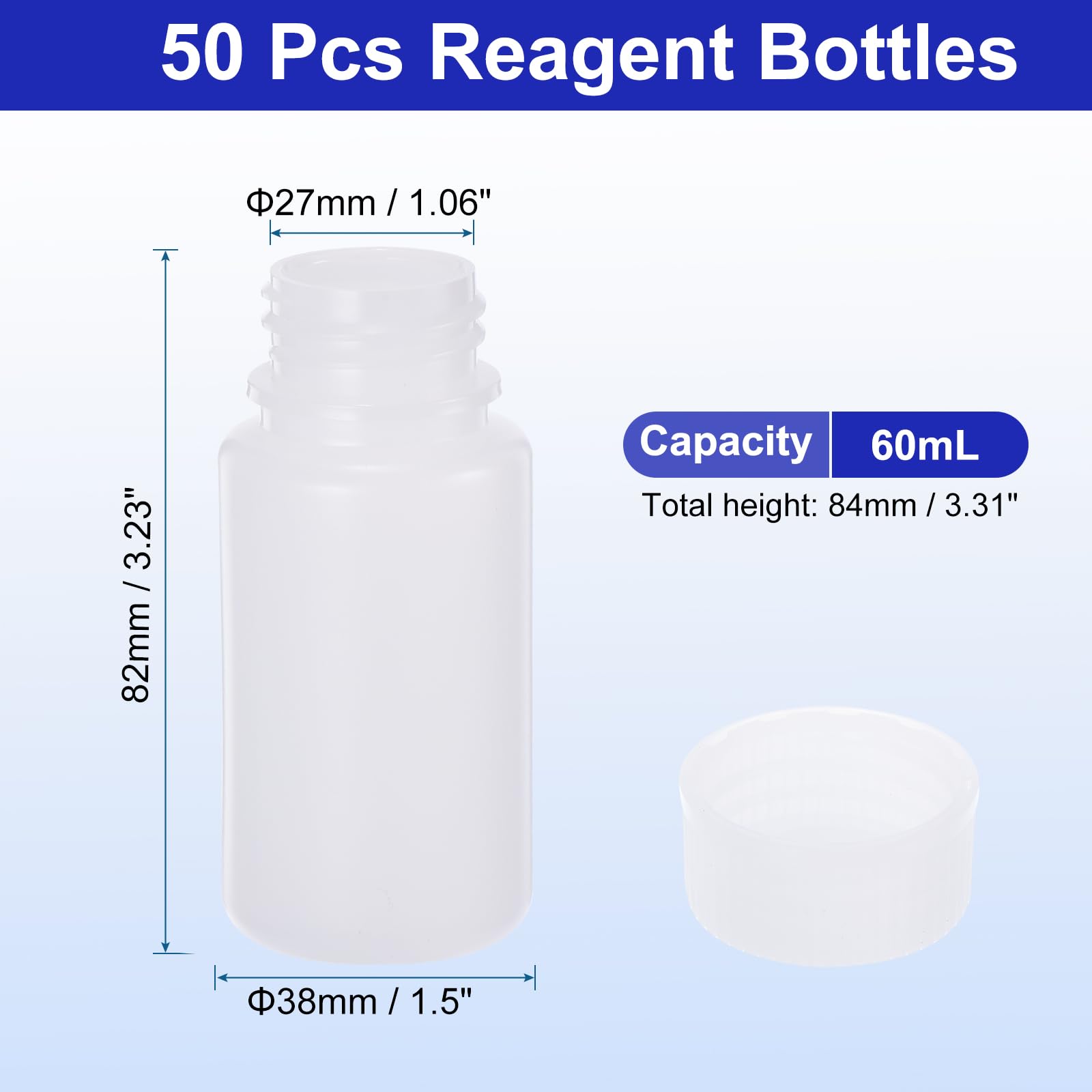 PATIKIL 50Pcs Bouteilles de Réactif de 60 ml, en HDPE, à Large Ouverture avec Bouchon à Vis pour Stockage de Liquides Réactifs en Laboratoire, Couleur Blanche Translucide