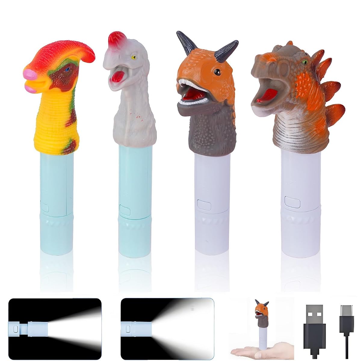 Darlur 4 Pack Small Mini Cute Kids Flashlight Rechargeable Dinosaur Flashlights