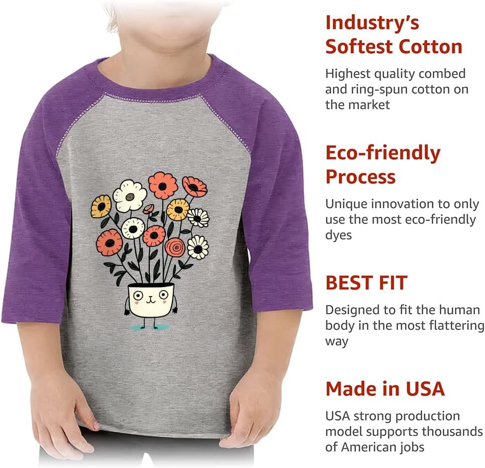 Floral Design Toddler Baseball T-Shirt - Kawaii Design 3/4 Sleeve T-Shirt - Cute Kids' Baseball Tee