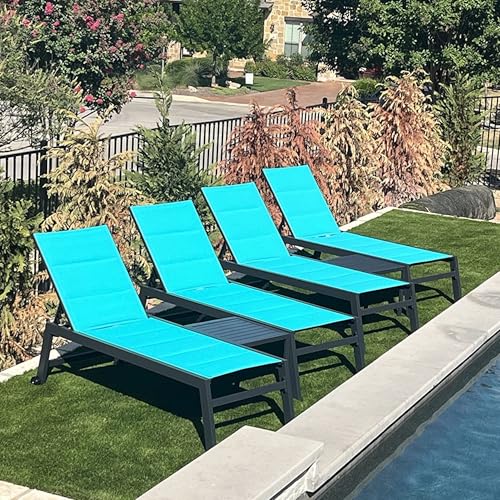 Image of PURPLE LEAF Outdoor Chaise Lounge Set of 4 Aluminum Patio Lounge Chair with Wheels and Side Table Pool Chaise Lounge Chair for Outdoor Backyard Poolside Turquoise Blue (4 Lounges Chairs W /Table)