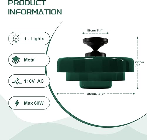 Miniatura 5 de Lámpara de Techo Vintage de 1 Luz Verde de Mediados de Siglo Empotrada Estilo Granja de 3 Capas Pantalla de 13.8 Pulgadas Cúpula de Metal Negro