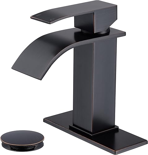 Grifo de baño de cascada de bronce aceitado con un solo agujero, grifo de lavabo de baño de una sola manija con montaje de tapón desplegable y placa