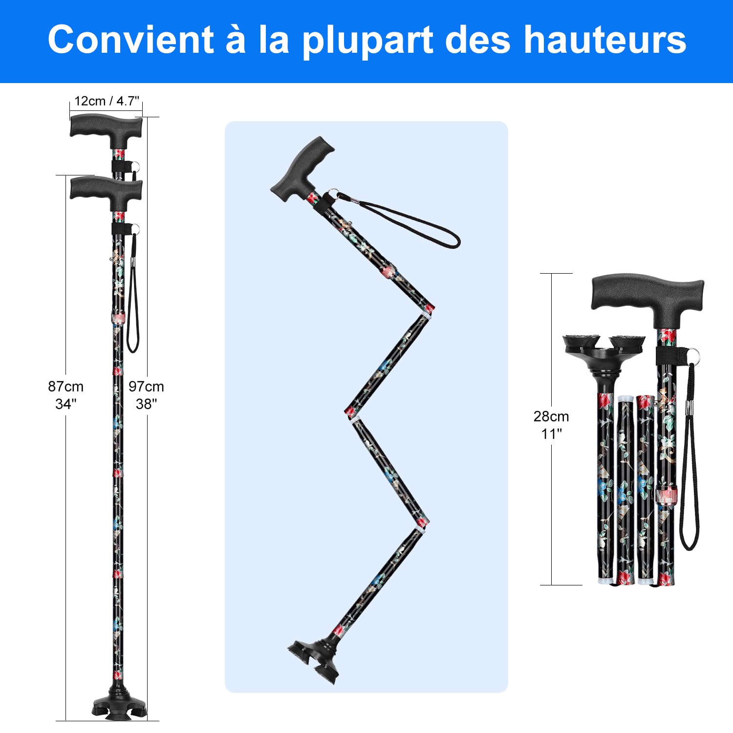 supregear Canne Pliante, Canne Pliante Réglable à 5 Niveaux avec Poignée en T et Dragonne Anti-Perte Antidérapante Autoportante Support en Caoutchouc à 4 Pieds pour Âgé Désactivé Homme Femme