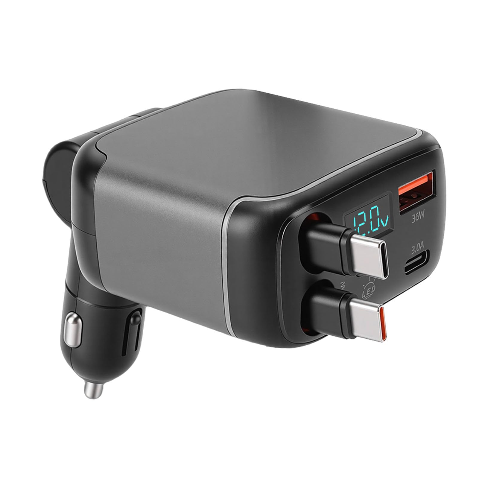 Sorandy Caricabatteria da Auto Retrattile, Cavi PD da 65 W e QC di Tipo C da 36 W con Porte USB C da 3 A e USB A da 36, Ricarica Simultanea di 4 Dispositivi, Compatibile con Telefoni Tablet Laptop