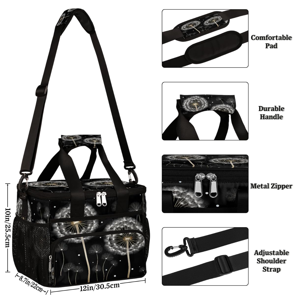 Floral Insulated Picnic Backpack Lunch Box for Women Men Picnic Basket Tote Lunch Bag Picnic Bag Portable Lunch Bags for Picnic, Beach, Work, Trip,Office, Camp Dandelion with Seeds