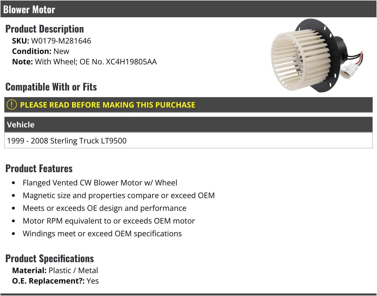 Blower Motor - Compatible with 1999-2008 Sterling Truck LT9500