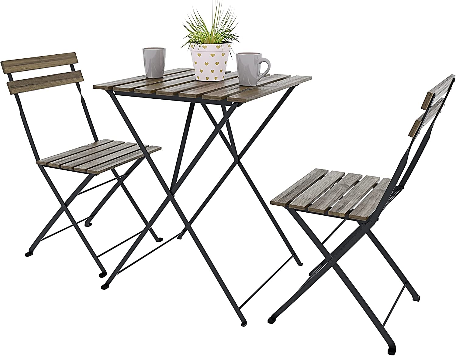 Bricozone Set Bistrot Tavolino Pieghevole e 2 Sedie Salvaspazio in Legno Acacia e Metallo per Patio Giardino Veranda Esterno Balcone Piscina Terrazzo Design Industrial Marrone e Nero