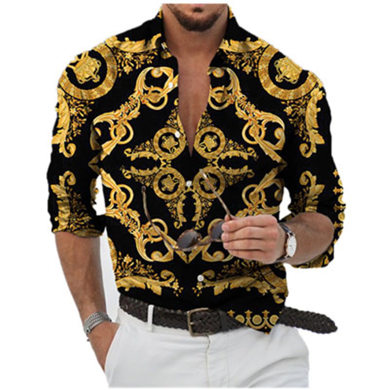 Camisa barroca Informal para Hombre, Camisas de Manga Larga con Estampado Floral Real de Tendencia, Blusa de Solapa con Botones Ajustada