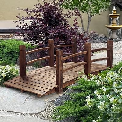 HOMEDIARY 5 FT Fir Wood Garden Bridge, Outdoor Stained Wood Arc Footbridge Walkway with Side Railings, 550 lbs Capacity, Decorative Pond Bridge Landscaping for Backyard Garden Creek Ponds, Carbonized