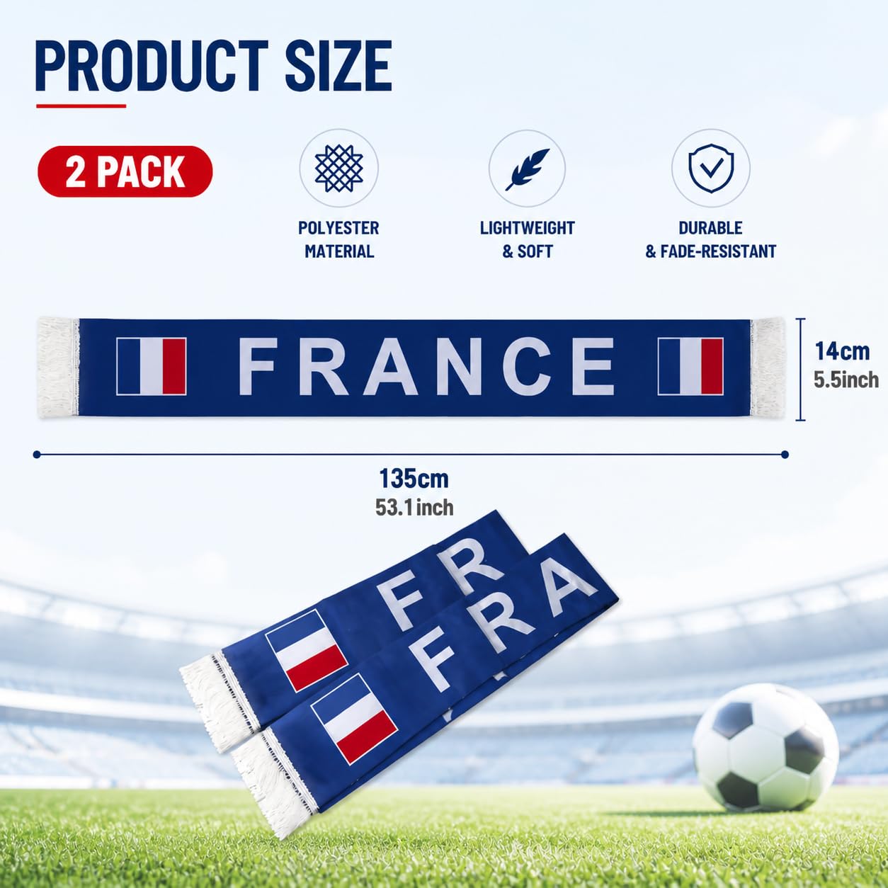 YESAH Écharpe de Supporter France Coupe du Monde 2026, Polyester Recto Verso Drapeau