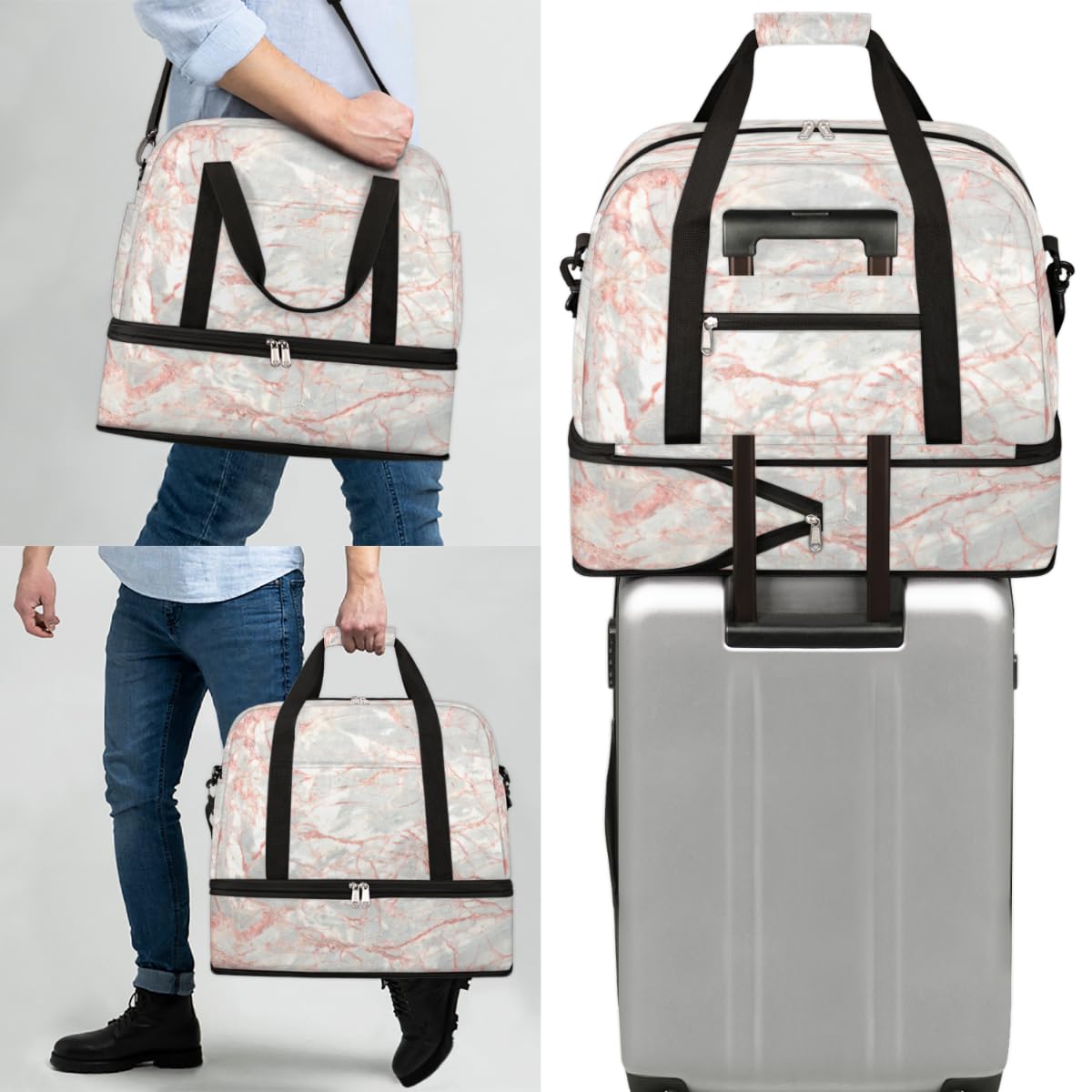 Bolsa de viaje plegable con patrón de mármol de textura de 47 litros, bolsa de fin de semana con funda de carrito de hombro separado para deportes, gimnasio, viajes, multicolor, 47L, Bolsa de viaje