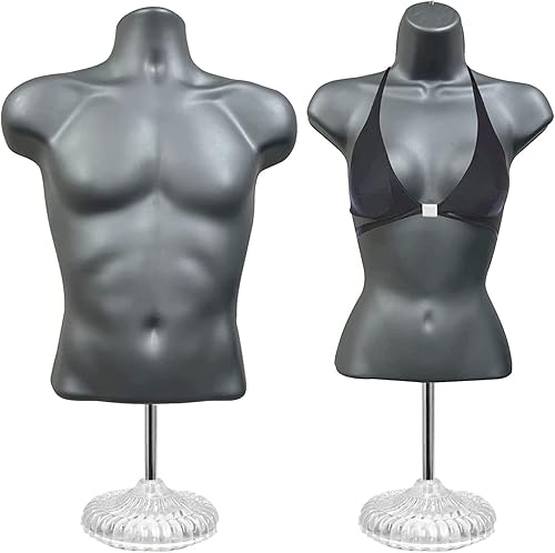 Miniatura 11 de DisplayTown Maniquí de torso masculino y femenino con soporte de metal, cuerpo con respaldo hueco, apilable, forma de vestido para exhibición