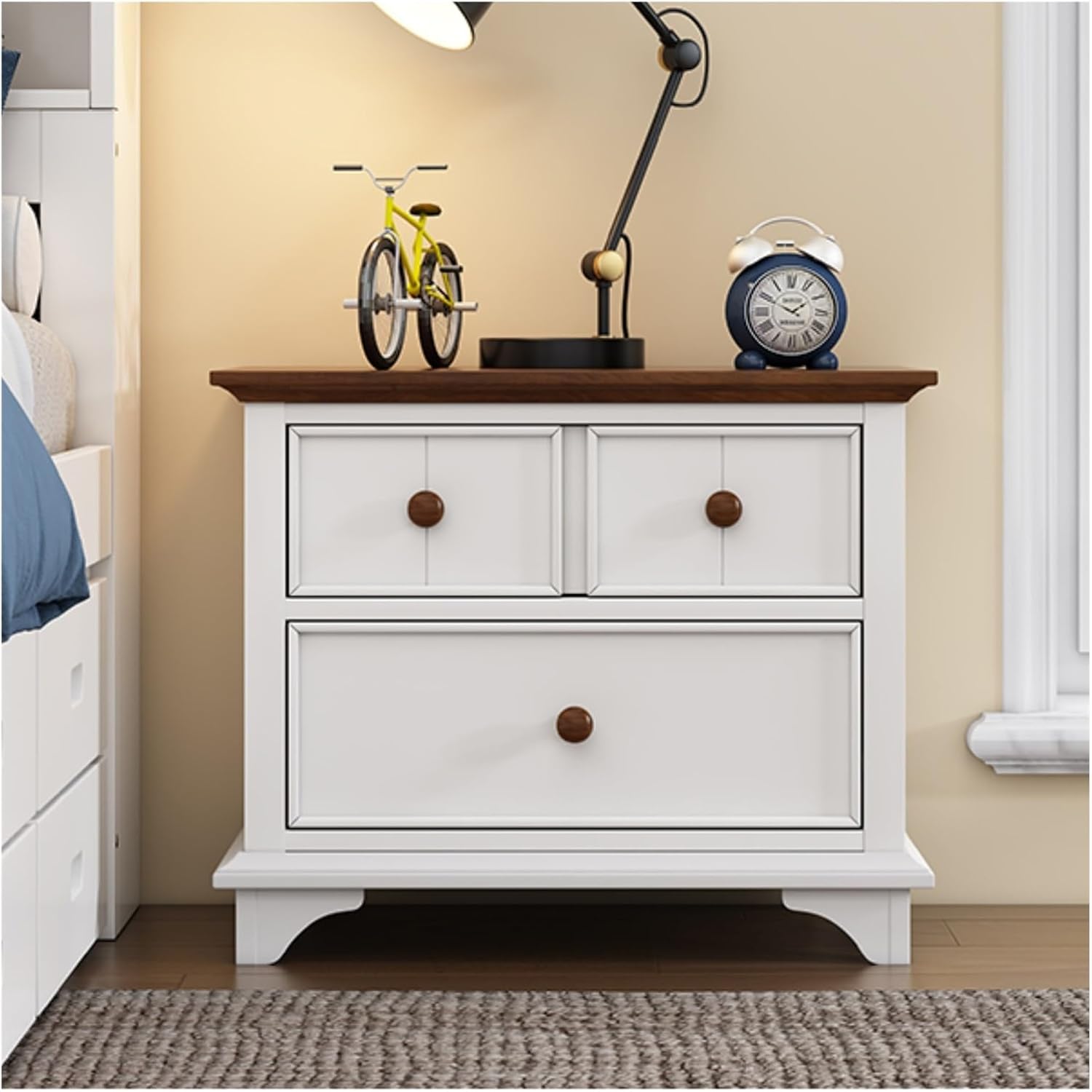 Two-Drawer Nightstand Kids Night Stand End Side Table for Bedroom, Living Room, Kids' Room, White+Walnut