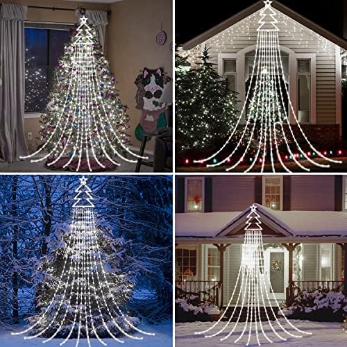 Christmas Lights Outdoor, RJEDL 420 LED 3.8m x 10 Strand Christmas Tree Lights with 19in Topper Star, 8 Modes Timer Waterfall Christmas Fairy Lights for Halloween Xmas Tree Home Decoration(Cool white)