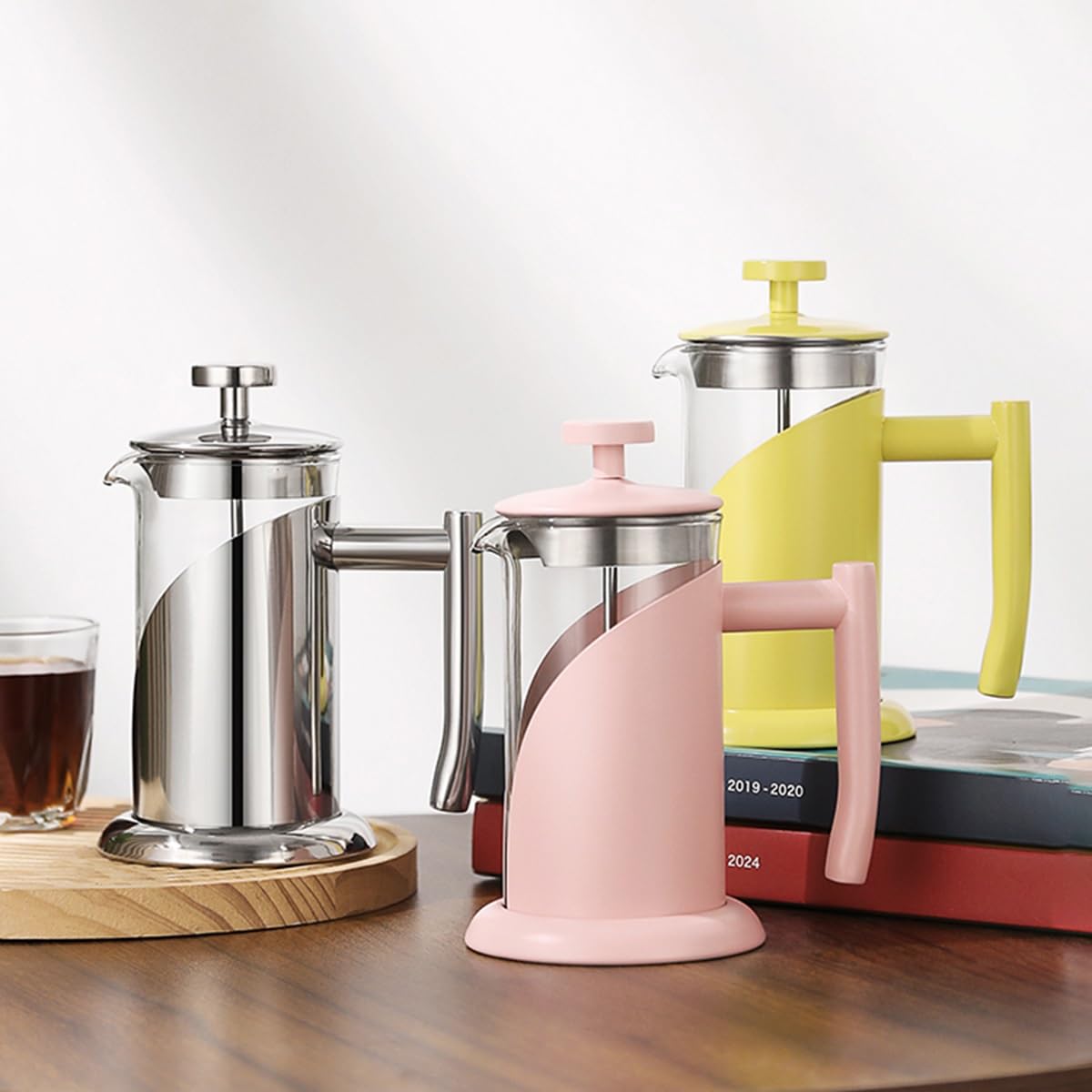 Zaparzacz do kawy French Press z systemem 3 filtrów, odporny na ciepło, gruby, ze szkła borokrzemianowego, ze stali nierdzewnej, do parzenia kawy i herbaty na zimno, łatwy do czysz