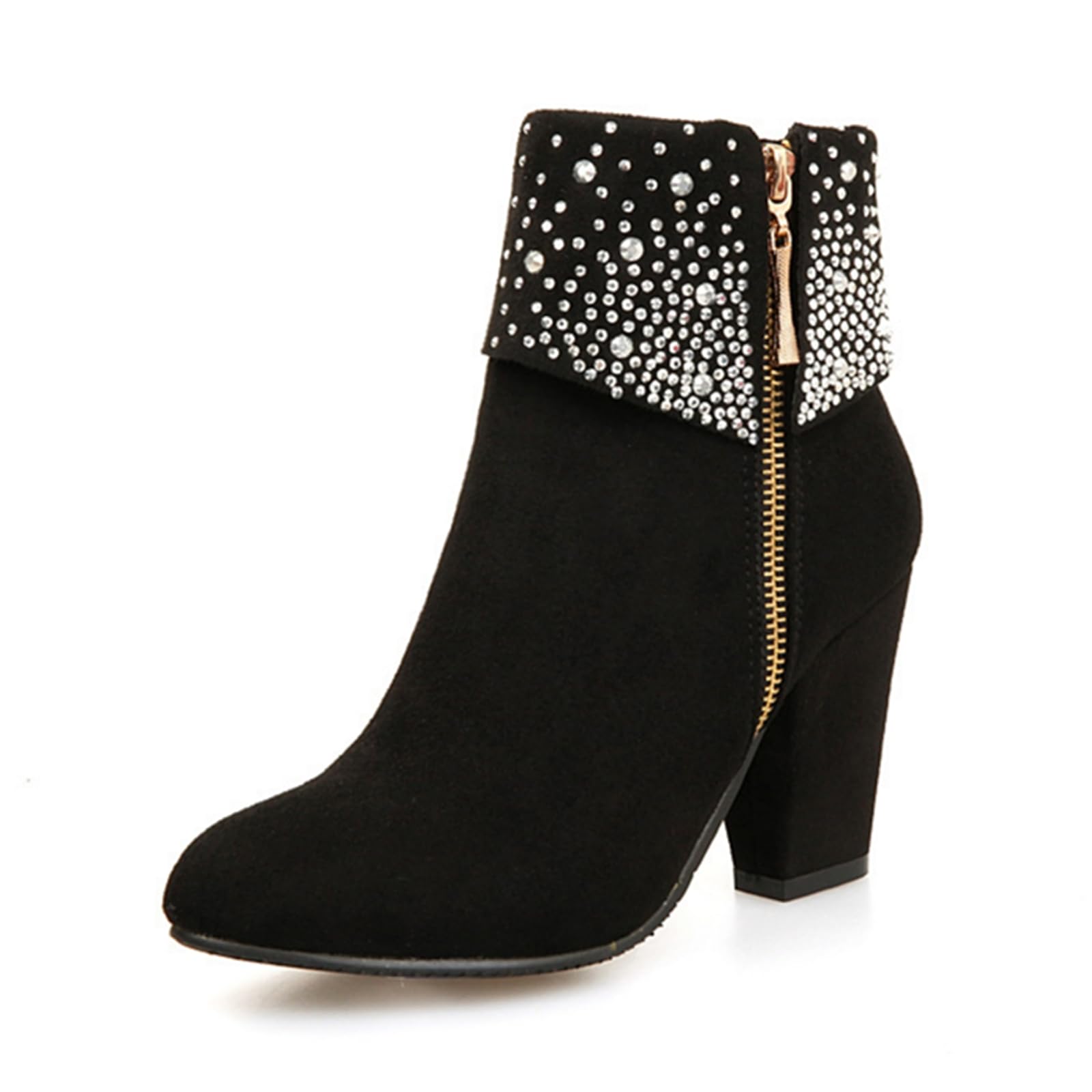 Womens Fashion Rhinestone Ankle Boots Casual Chunky Heel Side Zipper Sparkly Booties Comfortable Fall Winter Boots for Ladies