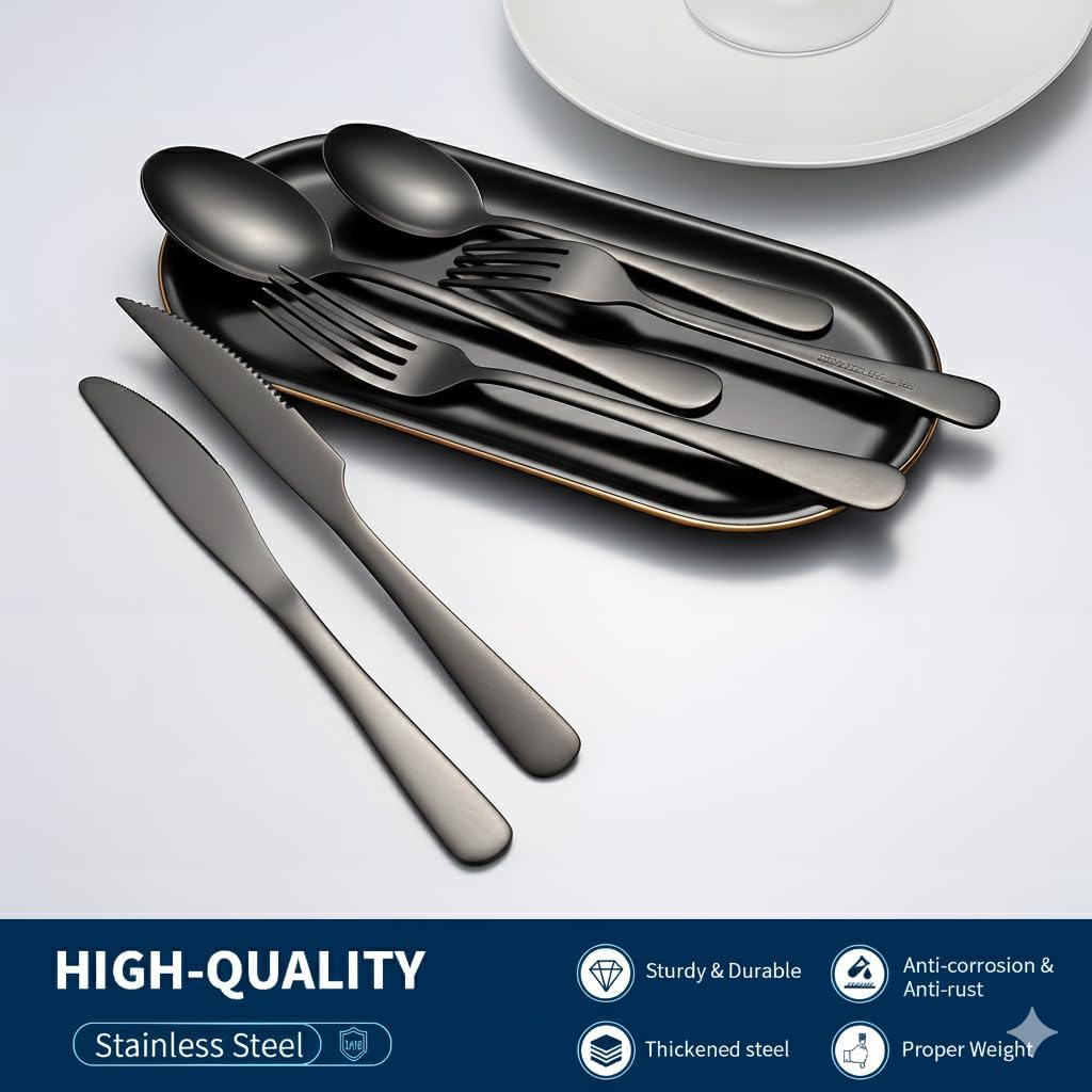 GPY Black Silverware Set with Steak Knives, 36-Piece Stainless Steel Flatware Set Service for 6, Titanium Plated Black Eating Utensils, Modern Mirror Finish Cutlery for Kitchen & Home
