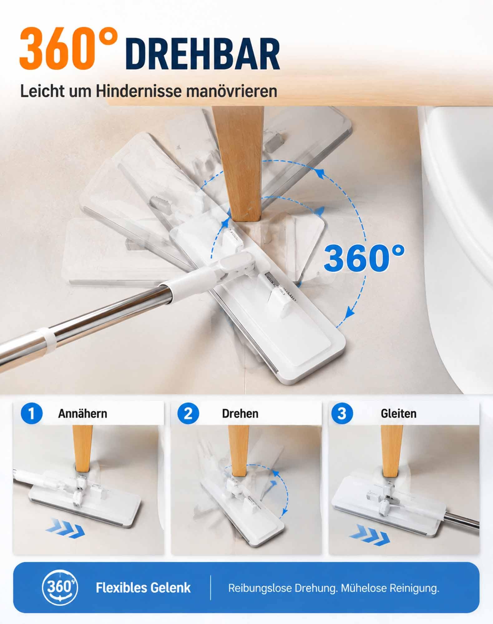 Velorin Mop, Verhindert Schmutzige Hände, Verbesserter Freihand Mop，Weiß