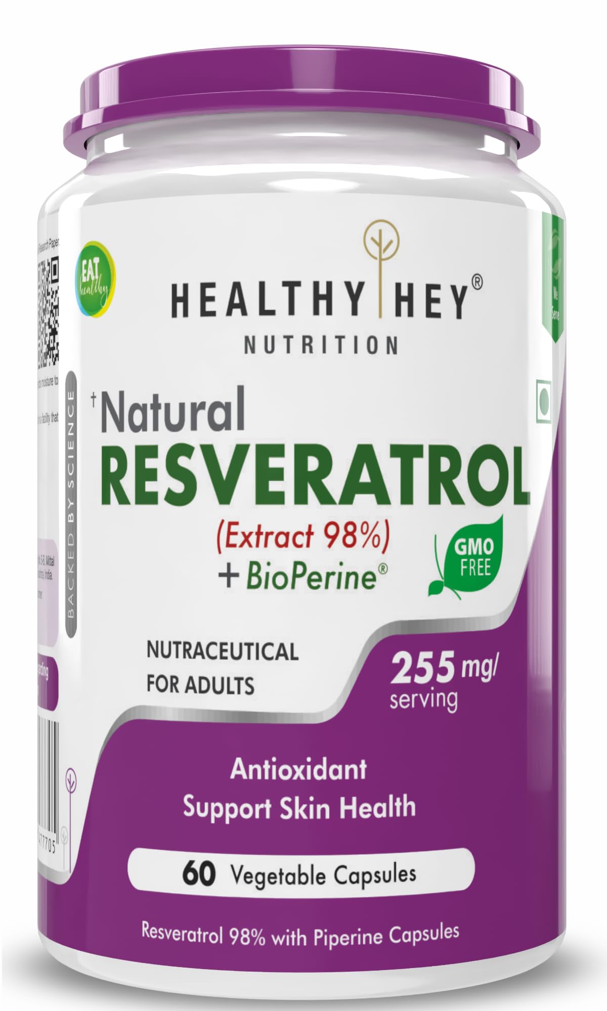 HealthyHey Nutrition Resveratrol Extract 98% Plus BioPerine for Absorption - 255mg - 60 Vegetable Capsules (Pack of 1)