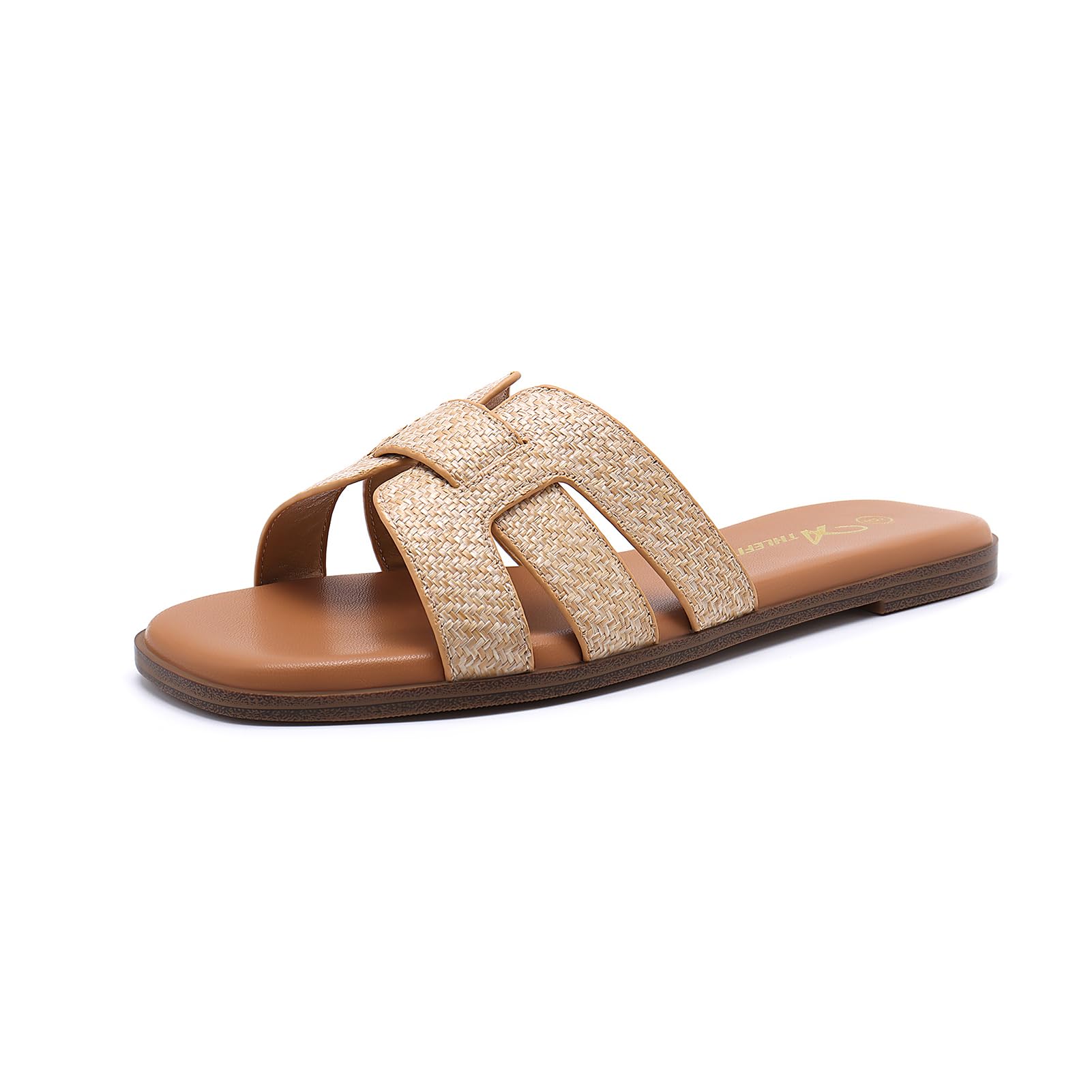 Athlefit Women's Flat Sandals Dressy Summer Square Open Toe Slip On Leather Slide Sandals