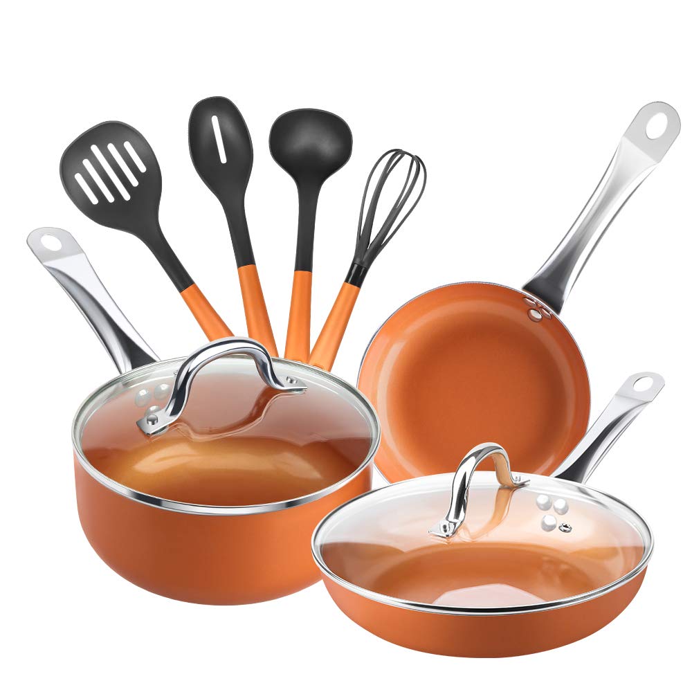 SHINEURI 9 Pieces Copper Cookware Pans and Pots Set - 9.5 Inch Fry Pan with Lid, 8 Inch Omelet and 2.5 Qt Saucepan with Li...