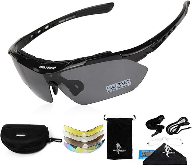 FREE SOLDIER Sports Sunglasses 5 in 1 Polarized Cycling Glasses for Men Women Tactical Military Glasses for Cycling Running Driving UV 400 Protection Golf Sunglasses
