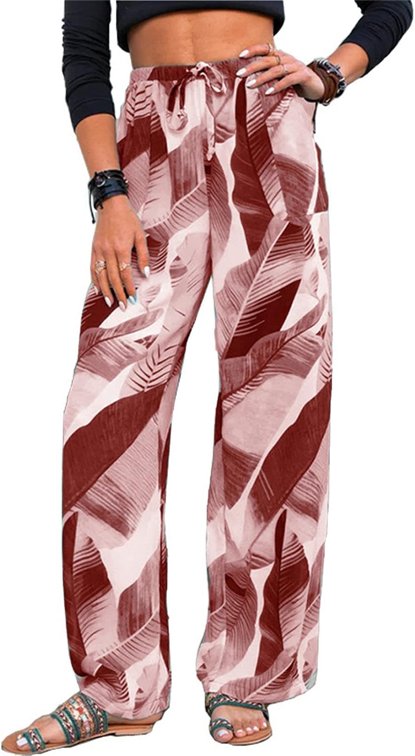 DGHM-JLMY Women's Casual Pants Wide Leg Straight Floral Print Belted Lounge Pants Beach High Waisted Ruffle with Pockets