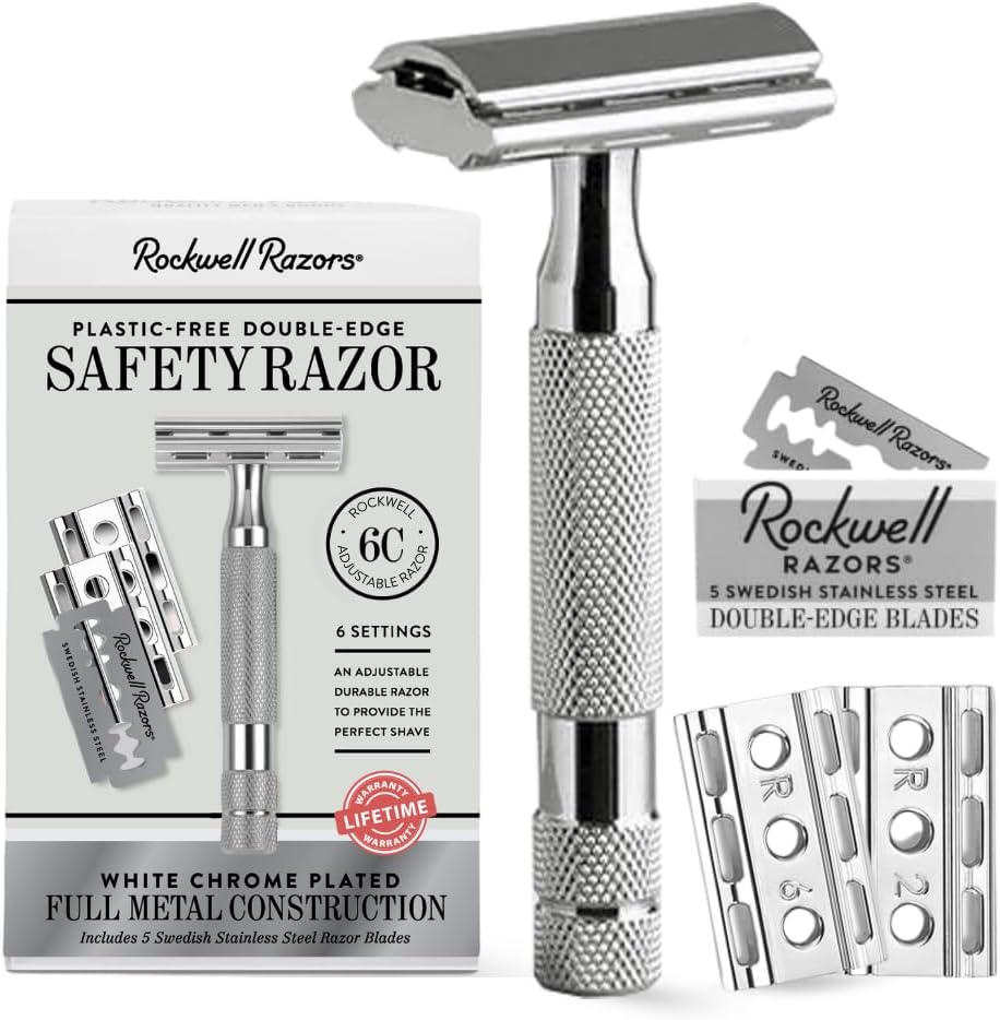 Rockwell Razors 6C Adjustable Double Edge Safety Razor in White Chrome 5 Swedish Stainless Steel Razor Blades