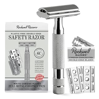ROCKWELL RAZORS 6C Adjustable Safety Razor for Men & Women | Eco-Friendly & Reusable Shaving Razor | 5 Double Edge Razor Blades made of Pure Swedish Stainless Steel | White Chrome Finish