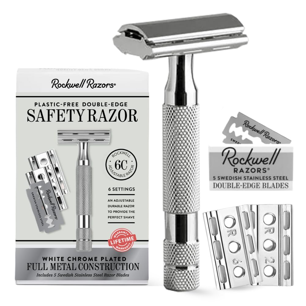ROCKWELL RAZORS 6C White Chrome Safety Razor for Sensitive Skin. Reduces Razor Burn and Irritation. Comes with 6 Adjustable Shave Settings and 5 Recyclable Blades. Reusable Razor for Men and Women