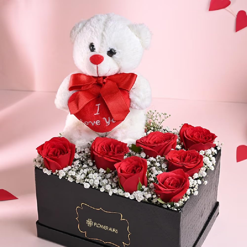 FlowerAura Love Combo Includes Fresh Live 7 Red Roses Flowers Bouquet