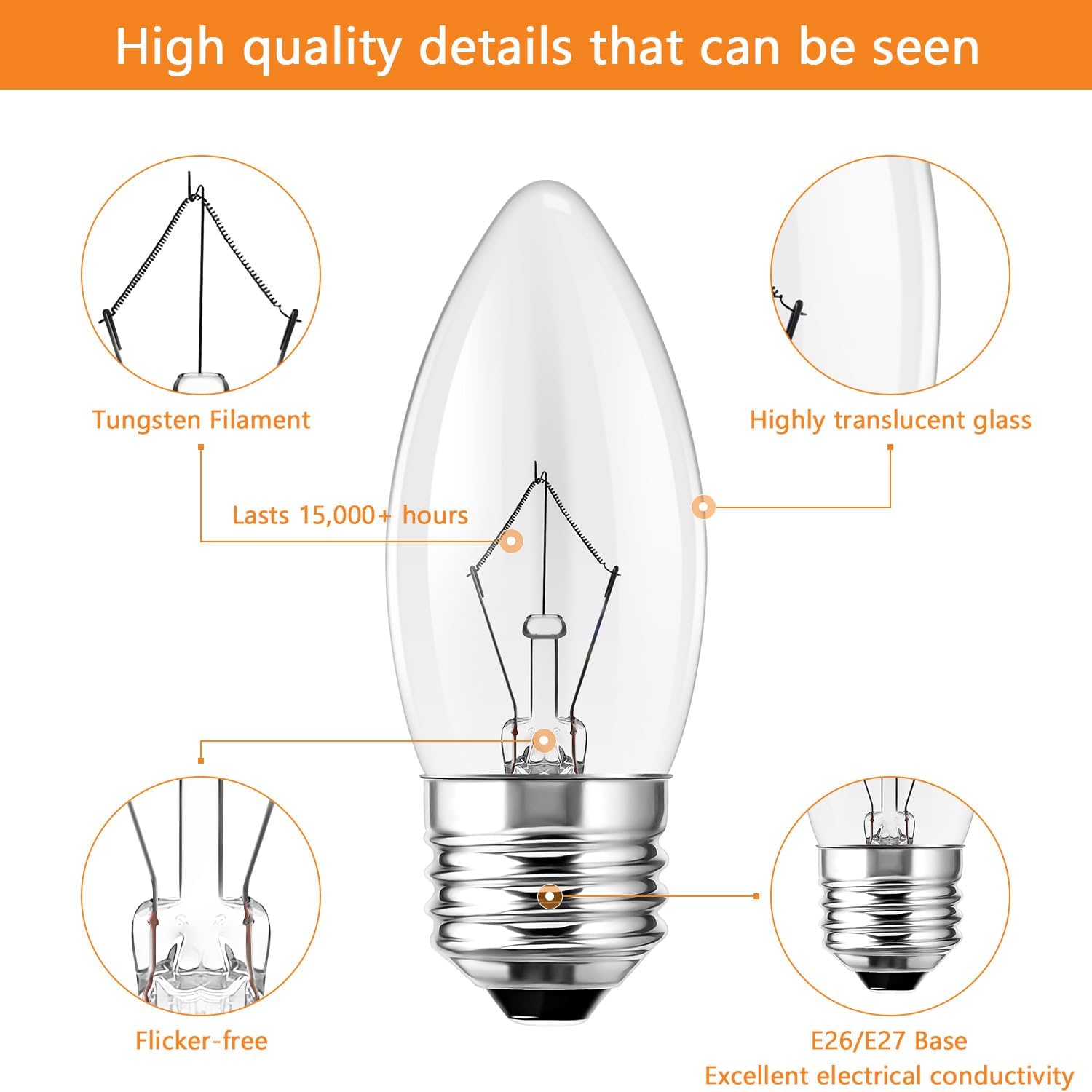 jkahh 40W Incandescent Torpedo Tip Chandelier - 40W Equivalent Medium E26 Candelabra, TipIncandescent Clear Dimmable Light Bulbs and Medium E26 Base, Candle Light Bulbs for Chandeliers(6pack) (40)