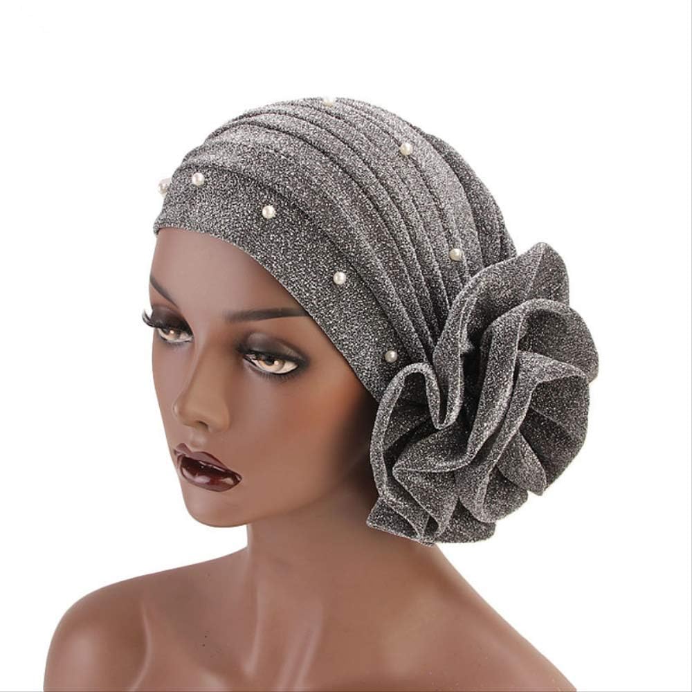 WYHH Headband Women Beaded Glitter Turban Big Flowers Headband For Women Hair Lose Cap Head Wraps Hair Accessories Size Fits All Silver