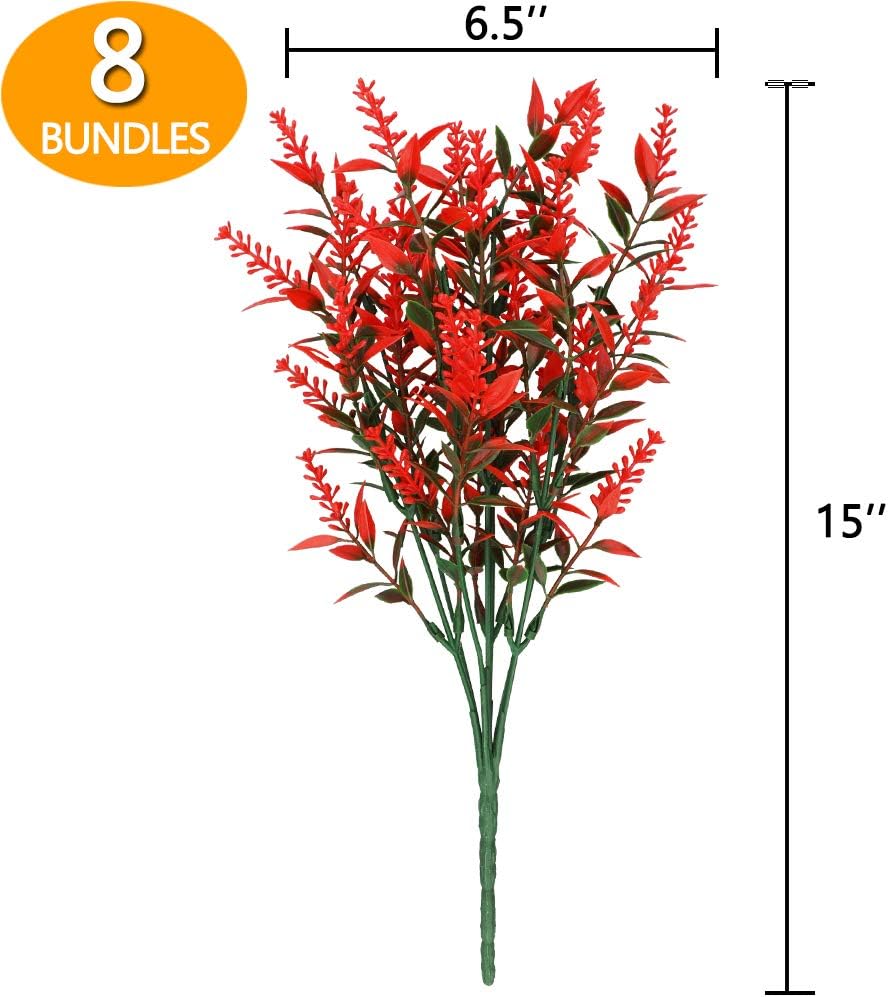 GREENRAIN 12 Bundles Artificial Lavender Flowers Outdoor Fake Flowers for Decoration UV Resistant No Fade Faux Plastic Plants Garden Porch Window Box Décor (Orange Red)