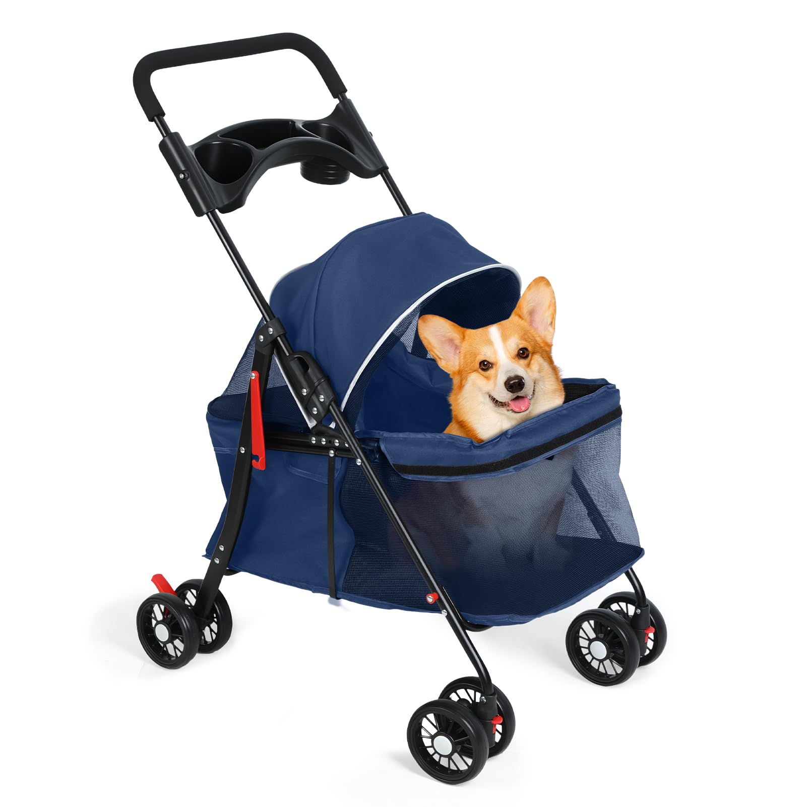 Pet Stroller for Dogs & Cats, Dog Pram, 4 Wheels Outdoor Travel Pet Folding Stroller, Visible Mesh, with Cup Holder, Rear Wheel Dual Brake, Breathable for Medium Small Dog (Blue, B)