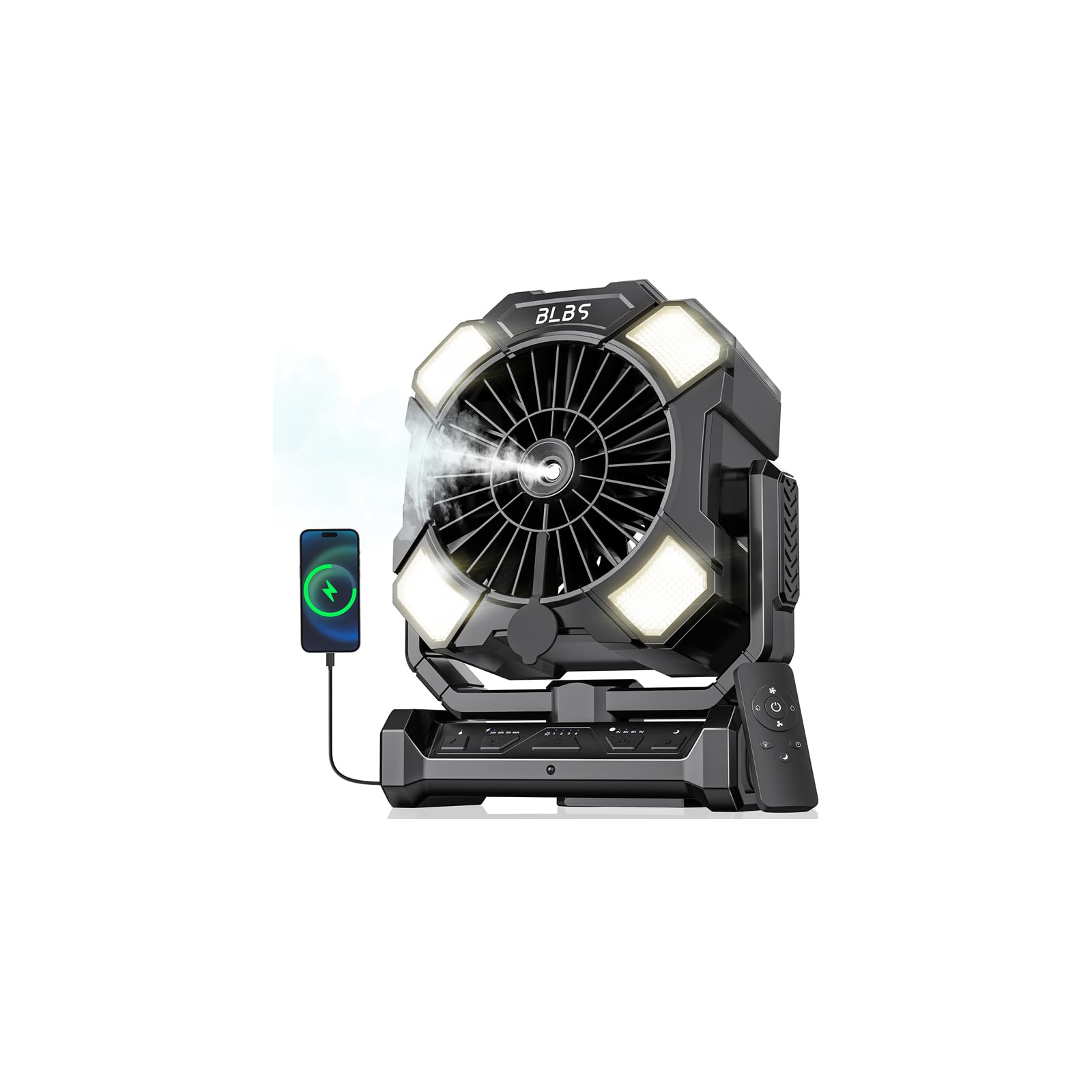 BLBS Ventilador de nebulización portátil de 24000 mAh con control remoto de 8 m, 4 velocidades de viento, capacidad de agua de 300 ml, 3 modos de iluminación, ideal para camping, uso al aire libre e