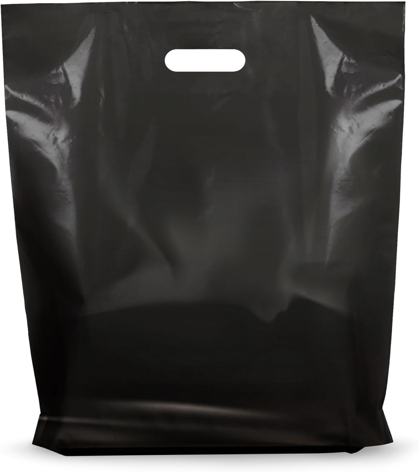 100 Pack Black Glossy Merchandise Plastic Bags, 16 x 18 Inch, 2 Mil Thick, Die Cut Handle Retail Shopping Bags for Small Business, Boutiques, Events, Party Favors