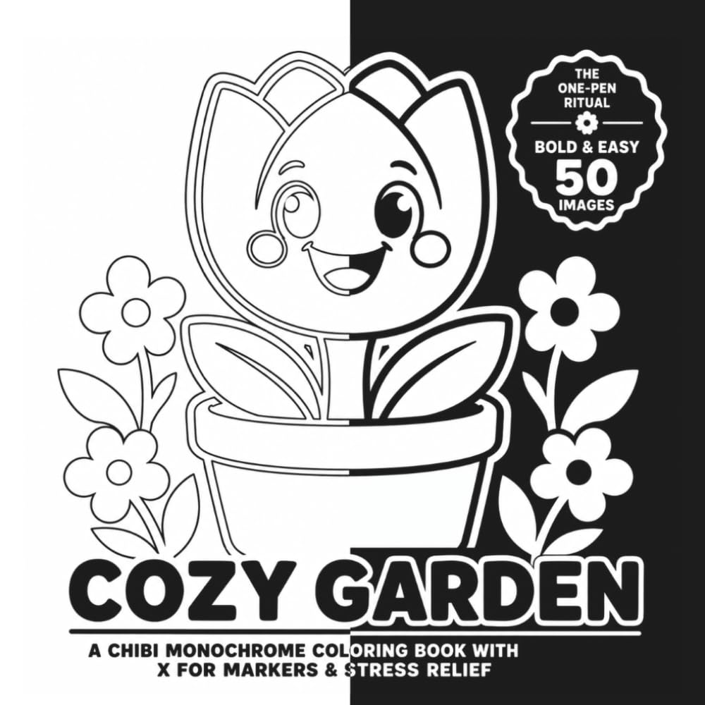 COZY GARDEN: A CHIBI MONOCHROME COLORING BOOK WITH X FOR MARKERS & STRESS RELIEF (BOLD & EASY MONOCHROME)