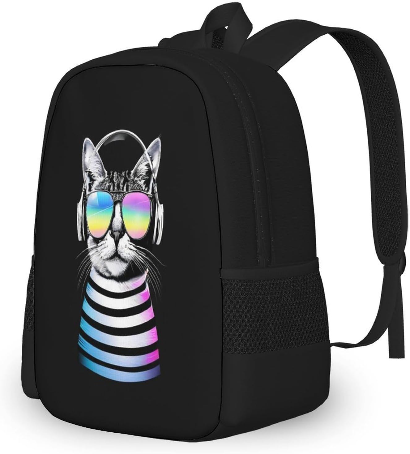 Backpack for Women Men Unisex Sturdy and Durable Sunglasses Earphone Pet Animal Dj Cat Black Shoulders Bag for Work Outdoor College