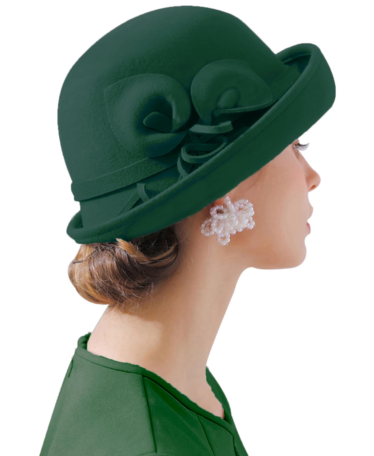 ORIDOOR Women Vintage Wool Felt Flowers Bucket Cloche Bowler Hat Church Wedding Dress Fascinator Hat Winter Felt Fedoras, 012-green, One Size
