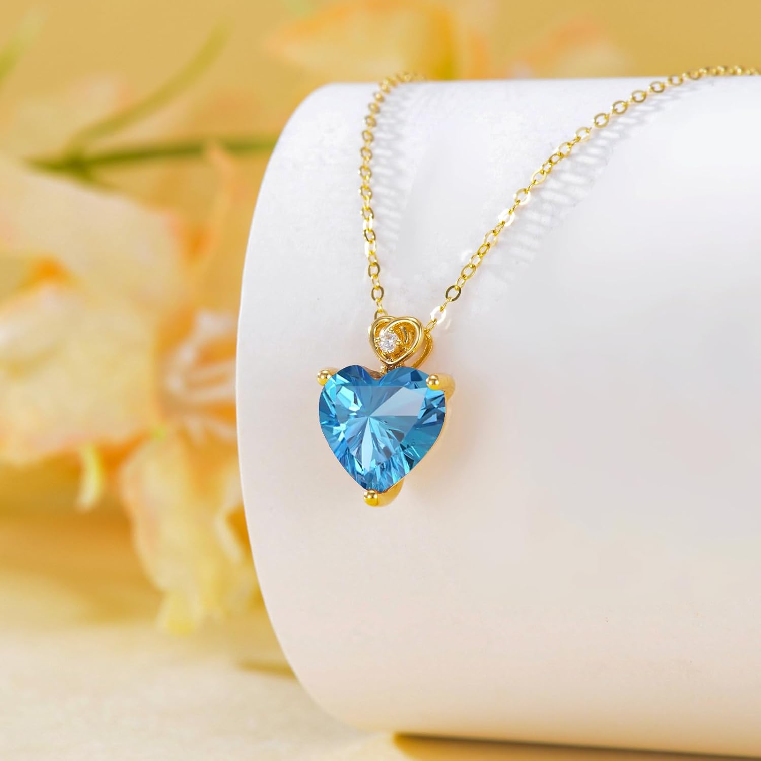 14k Gold Love Heart Gemstone Birthstone Necklaces for Women 3 Carat Heart-cut Created Birthstone Anniversary Birthday Mother's Day Pendant for Her 16+1+1 inch - Image 2