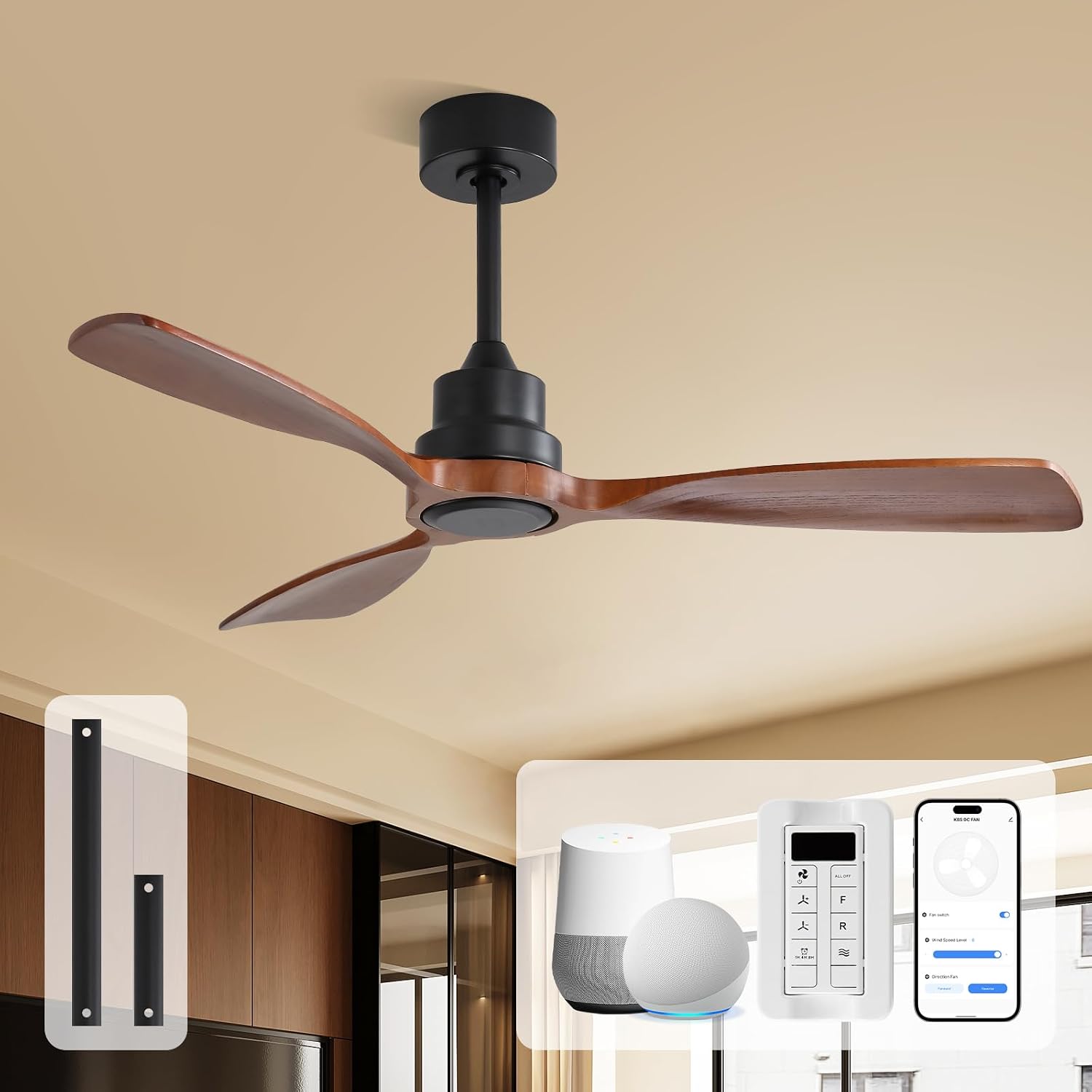 Sofucor 48 Inch Smart Wood Ceiling Fan No Light, Alexa/App/Remote Control