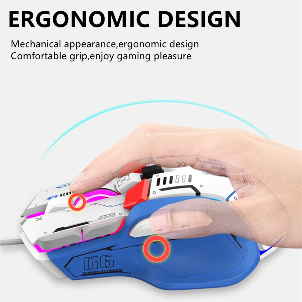 LJFLYXRI Ergonomiczna mysz do gier – konfigurowalna, wygodna i precyzyjnie sterowana, przewodowa mysz RGB dla graczy z 10 programowalnymi przyciskami dla najlepszych wrażeń z gry (biała)